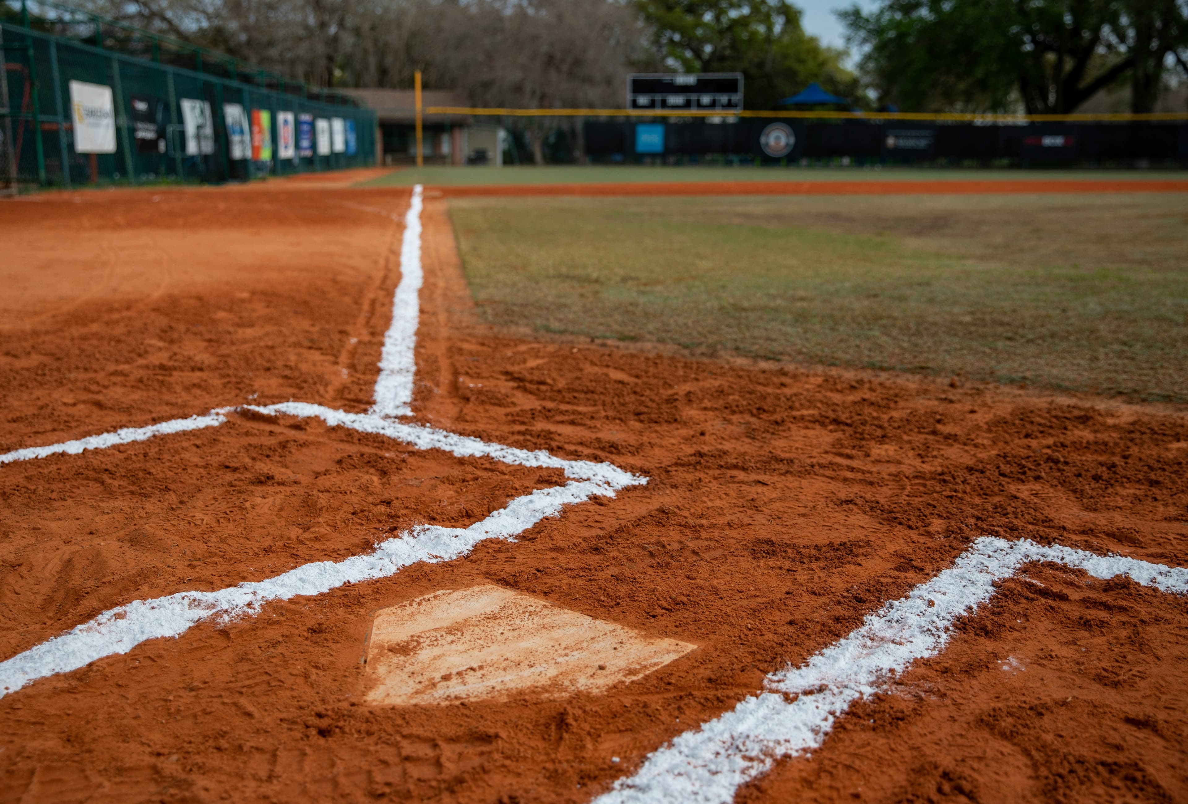 Wide view of the batter's box on a manicured ballfield